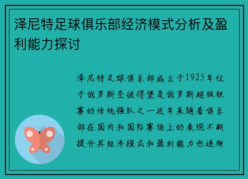 泽尼特足球俱乐部经济模式分析及盈利能力探讨
